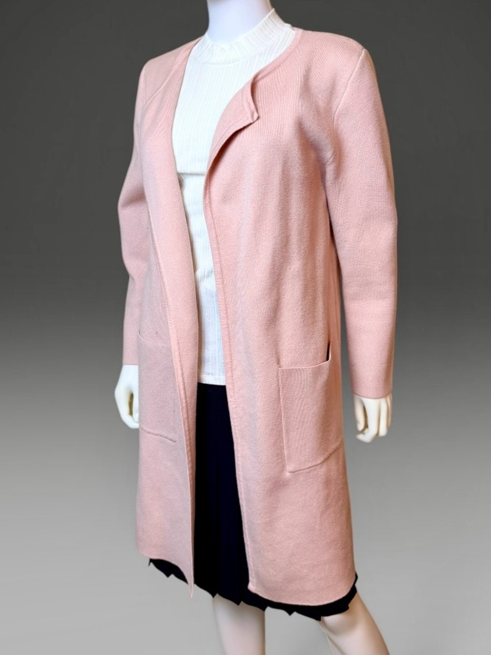 Blush Pink Long Open Front Knit Cardigan with Pockets - L